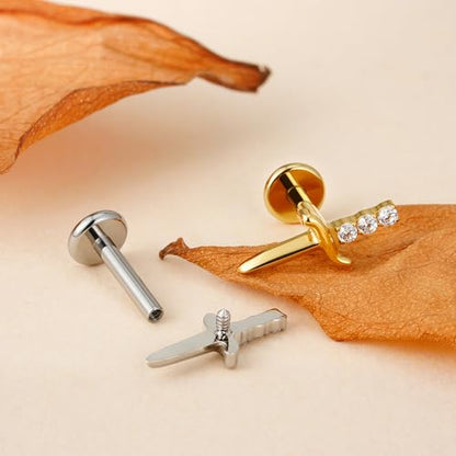 FINE4U 1PC ASTM F136 Titanium Sword Piercing Jewelry for Conch, Tragus, Helix 16G 8mm, Implant Grade Hypoallergenic Flatback Stud - color: Poniard - Tit
