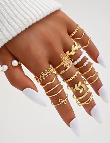 Gold Stackable Rings Set for Women, Gold Plated Chunky Crystal Finger Rings - color: Flower Gold
