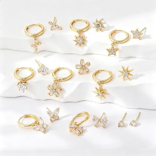 SHERLOVE Gold Earring Stacks Women 3Pairs Dangle Stud Huggie Hoop Set - color: 3 Pairs-Starburst 01 Stud Gold
