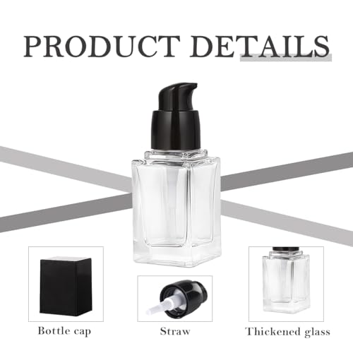2Pcs 15ml/0.5oz Empty Clear Square Glass Emulsion Essence Bottle With Black Pump Head Cosmetic Foundation Travel Vials Containers Holder For Lotion Cleanser Essential Oils Liquids Body Cream