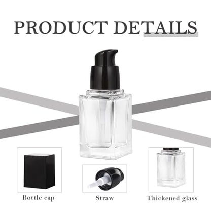 2Pcs 15ml/0.5oz Empty Clear Square Glass Emulsion Essence Bottle With Black Pump Head Cosmetic Foundation Travel Vials Containers Holder For Lotion Cleanser Essential Oils Liquids Body Cream