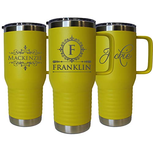 The Wedding Party Store Custom Personalized 20 oz Stainless Steel Powder Coated Vacuum Insulated Double Walled Travel Tumbler Coffee Mug with Handle and Lid (Yellow) - color: Yellow