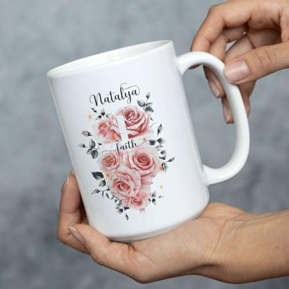 Customized Christian Mug With Name, Novelty Religious Gift, Floral Cross Ceramic Cup For Women Girls, Personalized Christian Faith Coffee Cup 11oz, Unique White Mug With Religious Theme - color: XUA-624-2300-Floral Cross