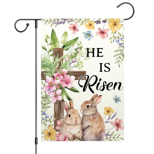 He Is Risen Garden Flag 12x18 Inch Double Sided Cross Easter Garden Flag for Outside Spring Flowers Bunny Easter Yard Flag Home Outdoor Decorative Flag - color: Pink Brown