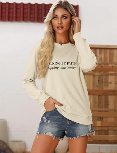 Christian Sweatshirts for Women Religious Faith Graphic Crewneck Pullover Shirts Casual Long Sleeve Inspirational Tops - color: Beige, size: X-Large