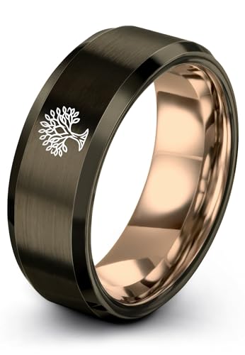 Gift for Spiritual Person - Tree Of Life Ring - Anniversary Wedding - Silver Yellow Rose Gold Gunmetal - Flat Dome Bevel - Personalized Custom Engraving - Band - Brushed Polished - 8mm - Men Women - T - color: 13 - Rose Gold Gunmetal Tungsten