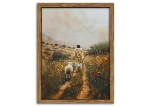 Jesus Leaves the 99 Sheep Canvas Wall Art Christian Wall Decor Picture Jesus and Lamb Painting The Lost Sheep Posters Prints for Living Room Bedroom Church Prayer Home Decor 24x36Inch Wood Framed - color: Dark, size: 36"L x 24"W