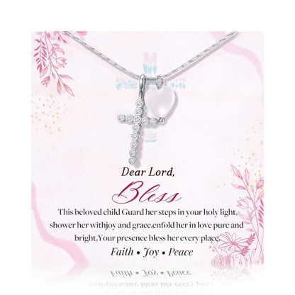 S925 Sterling Silver Cross Necklace for Girls, Baptism First Communion Confirmation Gifts, Pearl Heart Pendant Necklaces, Back to School Graduation Easter Birthday Faith Gift Age: Over 8 Years Old - style: Heart Cross Silver