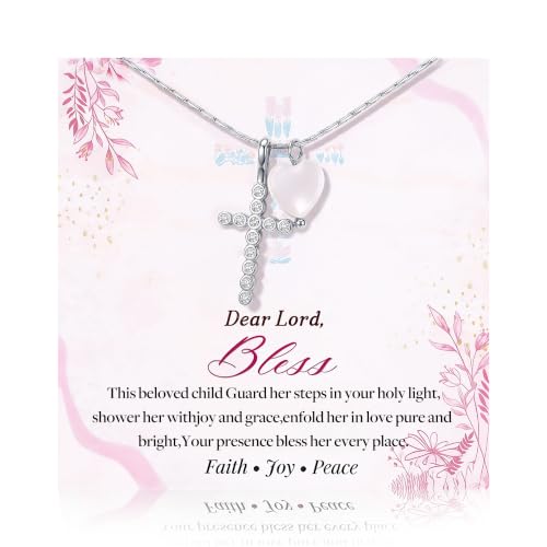 S925 Sterling Silver Cross Necklace for Girls, Baptism First Communion Confirmation Gifts, Pearl Heart Pendant Necklaces, Back to School Graduation Easter Birthday Faith Gift Age: Over 8 Years Old - style: Heart Cross Silver