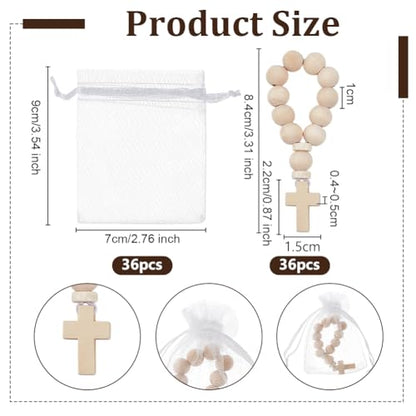 OLYCRAFT 36Pcs Wooden Rosary Beads with Cross Pendant 3.6 Inch Long Wooden Finger Rosary Bead with Cross Classic Mini Rosaries and Mesh Bags Natural Wood Beads for Guests Party Favors - color: Wood Color Cross