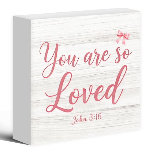 Pink Bow Christian Nursery Wood Box Sign Desk Decor 5X5, You Are So Loved Bible Verse Wooden Block Sign Decorations for Girl Nursery Room Bedroom Dorm Desk Table Wall Tabletop Shelf Decor - color: So Loved