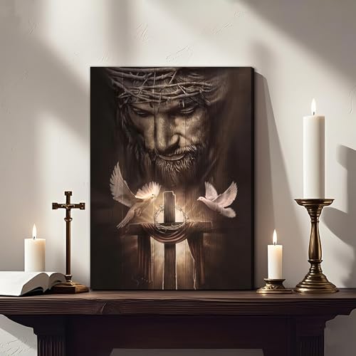 Fantasy Artists Framed Jesus Christ Canvas Wall Art The Cross and Peace Dove Christian Painting Prints Biblical Wall Decor Religious Room Decor for Church Prayer Room Schools Hospitals 16" x 24" - color: Jesus 1, size: 24"L x 16"W