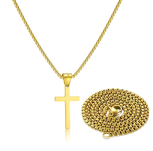 SKQIR Stainless Steel Cross Necklace for Men Silver Cross Necklace for boy Small Cross Pendant Necklace Simple Jewelry Cross Chain Gifts for Men - color: Gold:Cross Pendant 0.4'' * 0.8'', style: Chain 18 inches