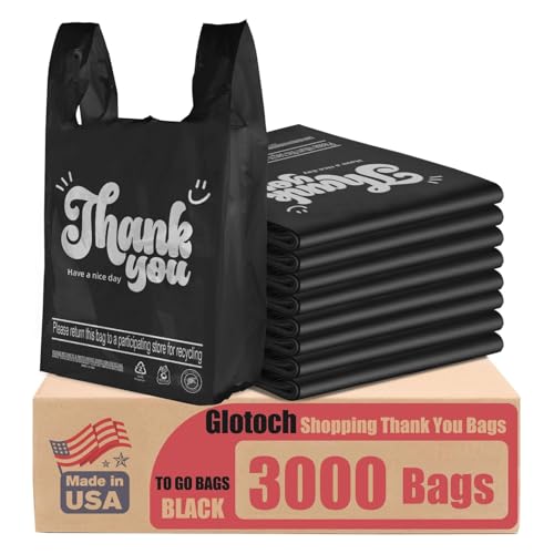 Glotoch 3000 Count - Black Plastic Grocery Shopping Thank You Bags for Small Business, Plastic T-shirt Bags with Handles for Restaurant, Retail, Takeout, Stores,To Go, in Bulk - color: Black, size: 3000 Count