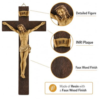 Jesus Crucifix Wall Cross, Resin Catholic Hanging Decor, 9.05 Inch