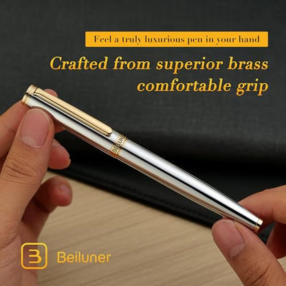 BEILUNER Silver Chrome Fountain Pen,Stunning Luxury with 24K Gold Accents, Gorgeous 24K Gilded Nib(Medium), Fancy Pen Gift for Men&Women -Ink Converter-Elegant, Office,Nice Pen for Writing - color: Silver Chrome and Gold Finish, style: Medium Nib