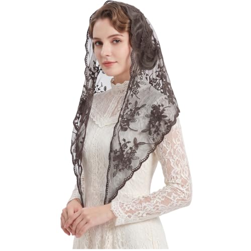 Lystaii Triangle Lace Mantilla Veil Catholic Chapel Head Covering Scarf - color: Coffee
