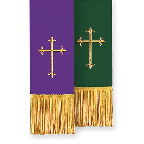 Trinity Church Supply Hunter Green and Purple Reversible Fleur-de-Lis Cross Bible Marker Church Communion Supplies Outdoor Indoor Party Table Cloth, 4 1/4 Inch x 37 1/2 Inch