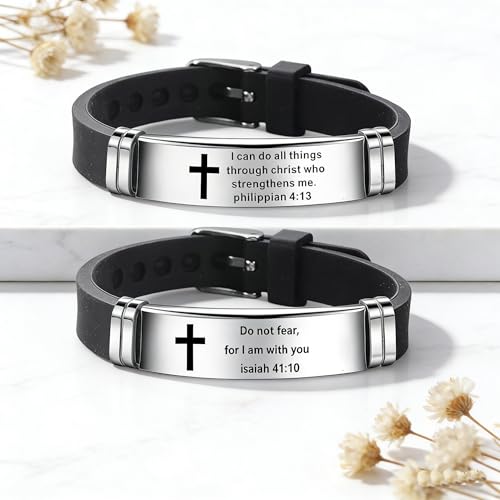2Pcs Inspirational Quote Cross Bracelets Faith Christian Bible Verse Silicone ID Wristband Religious Bracelet Set Gift for Men Women - style: BR020-1/015