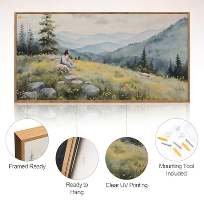 Aurlan Jesus Lost Sheep Psalm 23 Framed Canvas Wall Art 40x20 Inch - color: Jesus Lamb Landscape, size: 40"L x 20"W