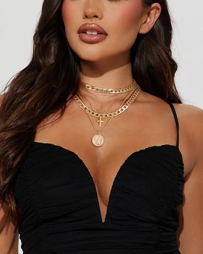 MJartoria Layered Necklaces for Women Trendy Retro Coin Pendant - color: Golden, style: A-Y-Retro Coin-Cross-5 in 1 Layered
