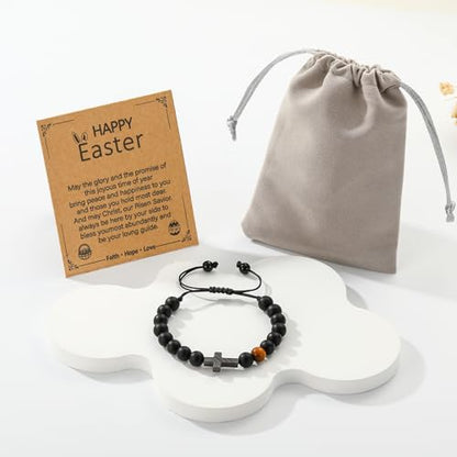 P. BLAKE Cross Bracelet for Boys Men, American Flag Cross Natural Beads Bracelet Christian Religious Birthday Jewelry Gifts for Teen Boys - style: Happy Easter