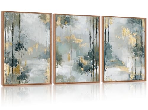 HPNIUB Abstract Forest Framed Canvas Wall Art Set, Minimalist Splash Ink Gold Green Pastel Watercolor Trees Wall Decor,Illustration Neutral Art Painting for Living Room,Dining Room,Office -12"x16"x3 - color: Abstract Forest Wall Art