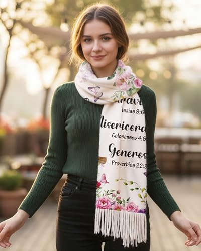 Bozidol Prayer Shawl for Women Christian Floral Cross Bible Verse Scarf Clothes for Christmas Mothers Day Birthday Gifts - color: Spanish