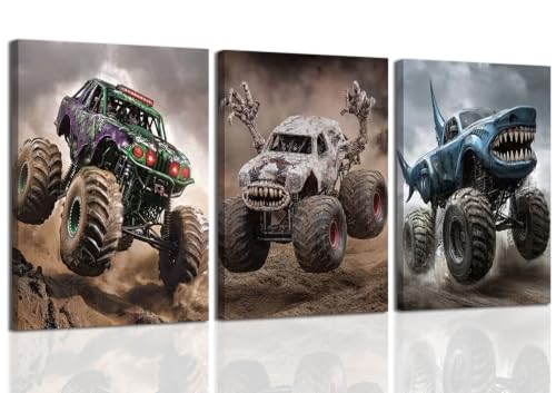 CXQILVER Monster Truck Canvas Wall Art Set of 3, Racing Car Wall Decor Painting Funny Cartoon Poster prints Pictures for Kids Boy Bedroom Playroom Home Decor 12x16 Inch Framed - color: Grey racing car, size: 16"L x 12"W