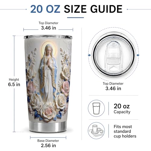 Virgin Mary Blue Rose Statue Art 20oz Tumbler, Virgin Mary Tumbler for Daily Drinkware, Halo Floral Frame Illustration, Catholic Devotional Cup, Religious Design for Women Men Use - color: Virgin Mary 1