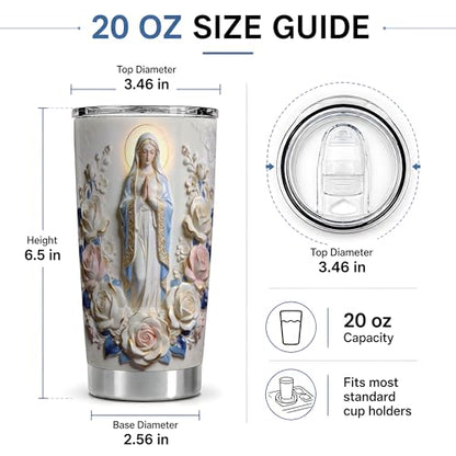 Virgin Mary Blue Rose Statue Art 20oz Tumbler, Virgin Mary Tumbler for Daily Drinkware, Halo Floral Frame Illustration, Catholic Devotional Cup, Religious Design for Women Men Use - color: Virgin Mary 1