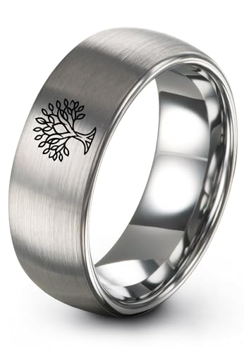 Gift for Spiritual Person - Tree Of Life Ring - Anniversary Wedding - Silver Yellow Rose Gold Gunmetal - Flat Dome Bevel - Personalized Custom Engraving - Band - Brushed Polished - 8mm - Men Women - T - color: 03 - Grey Tungsten