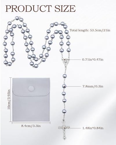 Rosary Beads for Women - Catholic Rosary Beads with Cross, Pink Crystal Rosary Necklace with Velvet Pouch, Religious Gifts for Women - color: Silvery gray