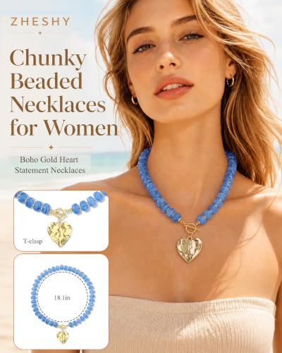 ZHESHY Chunky Beaded Necklaces for Women Heart Cross Statement Necklace - color: Blue 3
