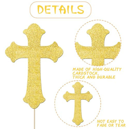 12Pcs Gold Glitter Cross Centerpiece Sticks LUCKYQUBE Double Sided Cross God Bless Centerpieces for Table First Communion Baptism Decorations for God Bless Theme Party Supplies