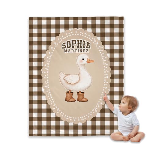 Personalized Duck Baby Blanket, Brown Gingham Nursery Throw Gift - color: #Ver4