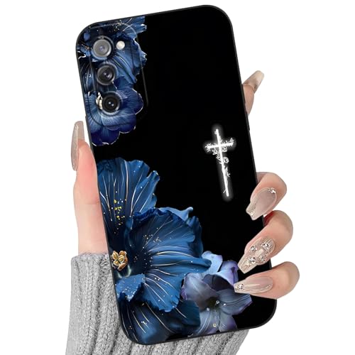 Vine Cross Blue Floral Black Phone Case for Samsung Galaxy S20 FE(5G)/S20 Lite/S20 Fan Edition 6.5 Inch – Gothic Christian Flower Shockproof Protective Cover for Women Girls - color: Vines, size: for Samsung S20 FE(5G)/S20 Lite/S20 Fan Edition