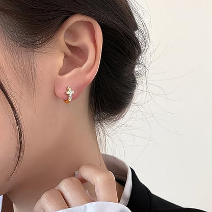 Gold Cross Hoop Earrings for Women Cubic Zirconia Cross Earrings Prom Wedding Party Huggie Earrings Christian Jewelry Gift - color: Silver