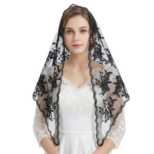 Lystaii Triangle Lace Mantilla Veil Catholic Chapel Head Covering Scarf - color: Black