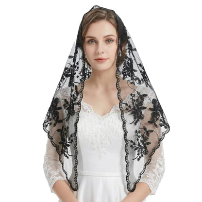Lystaii Triangle Lace Mantilla Veil Catholic Chapel Head Covering Scarf - color: Black