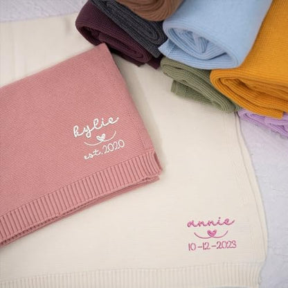 IZI POD Personalized Knit Baby Blanket, Embroidered Name Nursery Blanket, Cotton Knit Stroller Blankets, Gift for Baby, Birthday - Style 12 - color: Custom 4