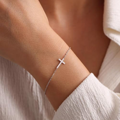 LUCA SMITH 925 Sterling Silver Cross Bracelet for Women Adjustable Stackable Dainty 14K Gold/Silver Cute Tiny Symbolic Cross Pendant Charm Link Chain Faith-Based Jewelry - color: silver