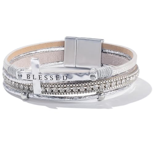 Christian Cross Leather Bracelets Boho Western Blessing Religious Jewelry - color: Silver