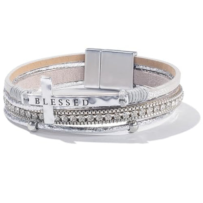 Christian Cross Leather Bracelets Boho Western Blessing Religious Jewelry - color: Silver
