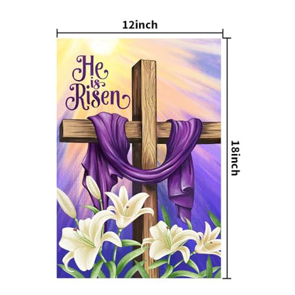 He is Risen Easter Christian Garden Flags 12x18 Double Sided Burlap, Religious Cross Spring Lily Flower Sign Small Flag Farmhouse Yard Outdoor Decoration DF701 - size: 12" X 18"