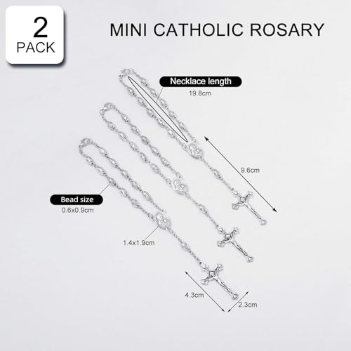 KOMI 2 PCS One Decade Catholic Rosary for Car or Truck Rearview Mirror, Auto Metal Beads Rosary with Mary Medal and Crucifix Cross, Auto Hanging Accessory with Clasp - size: 2 pieces Metal