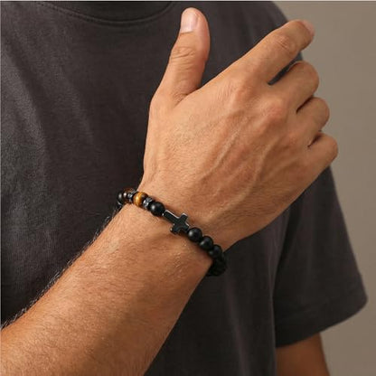 QWNHONEY Cross Bracelet for Men Son Brother Baptism Communion Birthday Anniversary Christmas Christian Black Tiger Eyes Bead - style: On your confirmation