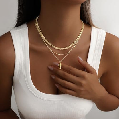 Layered Gold Necklace for Women, 14K Gold Plated Necklace Stack Set, Dainty Pendant Necklace Non Tarnish, Fashion Bow CZ Circle Star Hammered Cross Jewelry Gift for Women - color: Gold-04