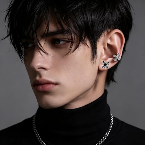 Gothic Cross Stud Earrings, Black & Silver Small CZ Jewelry for Women Men