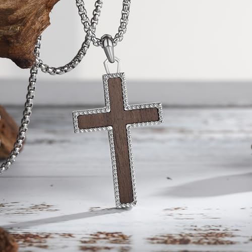 Wooden Cross Necklace for Men With Stainless steel And Black Ebony Adjustable Box Chain 24–26 inches Suitable for Everyday Wear And Christian Gifts for Men - color: Silver
